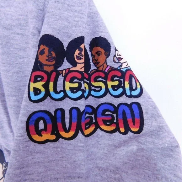 Blessed Queen Ethnic Graphic T-Shirt Juniors S M L XL Grey Drawstring - Picture 2 of 7